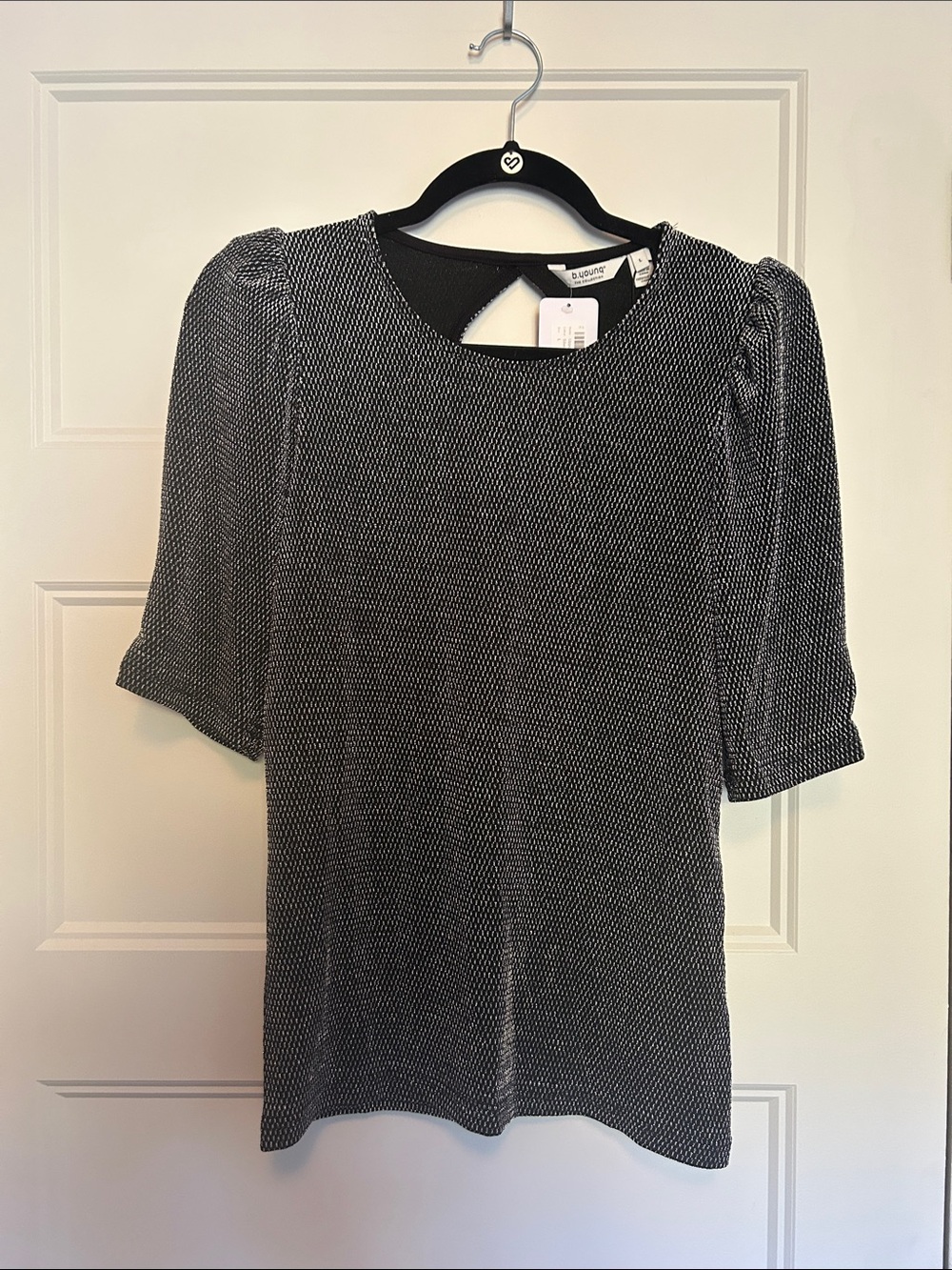 Warehouse Black & White Micro-Print Puff Sleeve Blouse